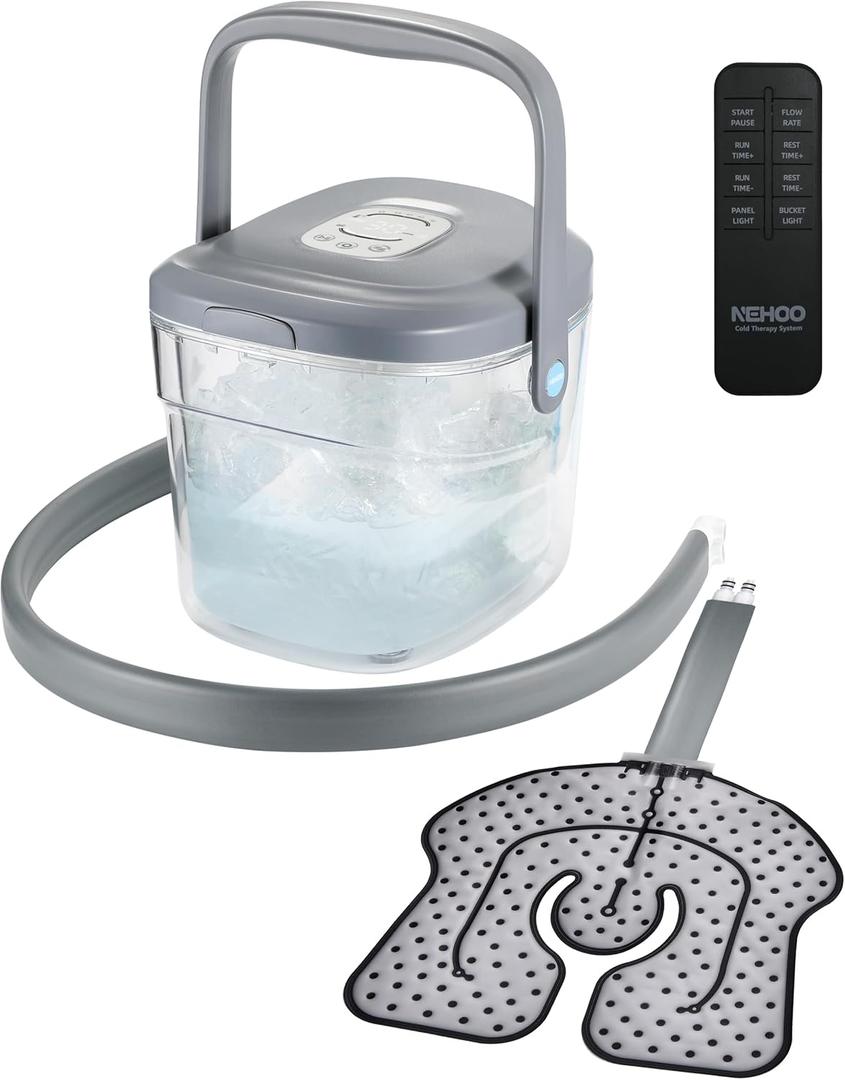 Cold Therapy System, Programable Timer, Wireless Remote, Double Walled Bucket, Post-Surgery Pain Reliever, Ice Therapy Machine for Knee After Surgery (Gray)