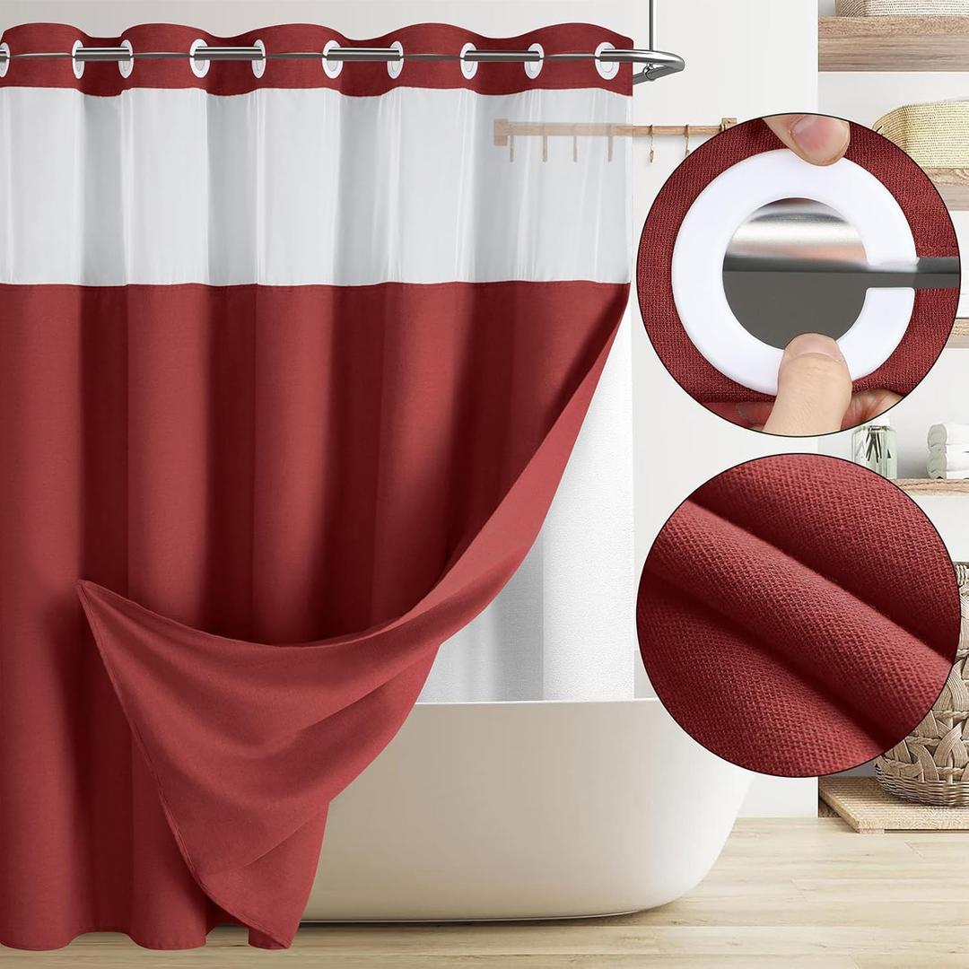 Awellife Linen Shower Curtain for Bathroom No Hook Shower Curtain with Snap in Liner Set Natural Red 75" L x 72" W