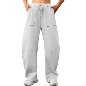 ELLEVEN Women's Baggy Barrel Sweatpants Wide Leg Drawstring Elastic Waist Sweat Pants Y2K Cotton Palazzo Loose Trousers Athletic Gym Yoga Light Grey Large