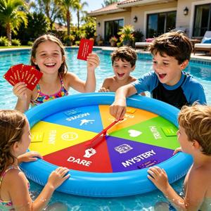 Inflatable Pool Toys Games Set, Truth or Dare Spinner with Floating Pool Game Table, Waterproof Cards, Summer Outdoor Beach Family Yard Party Game Toy Gifts for Kids 4-8 8-12 Teens Adults, 2-8 Players
