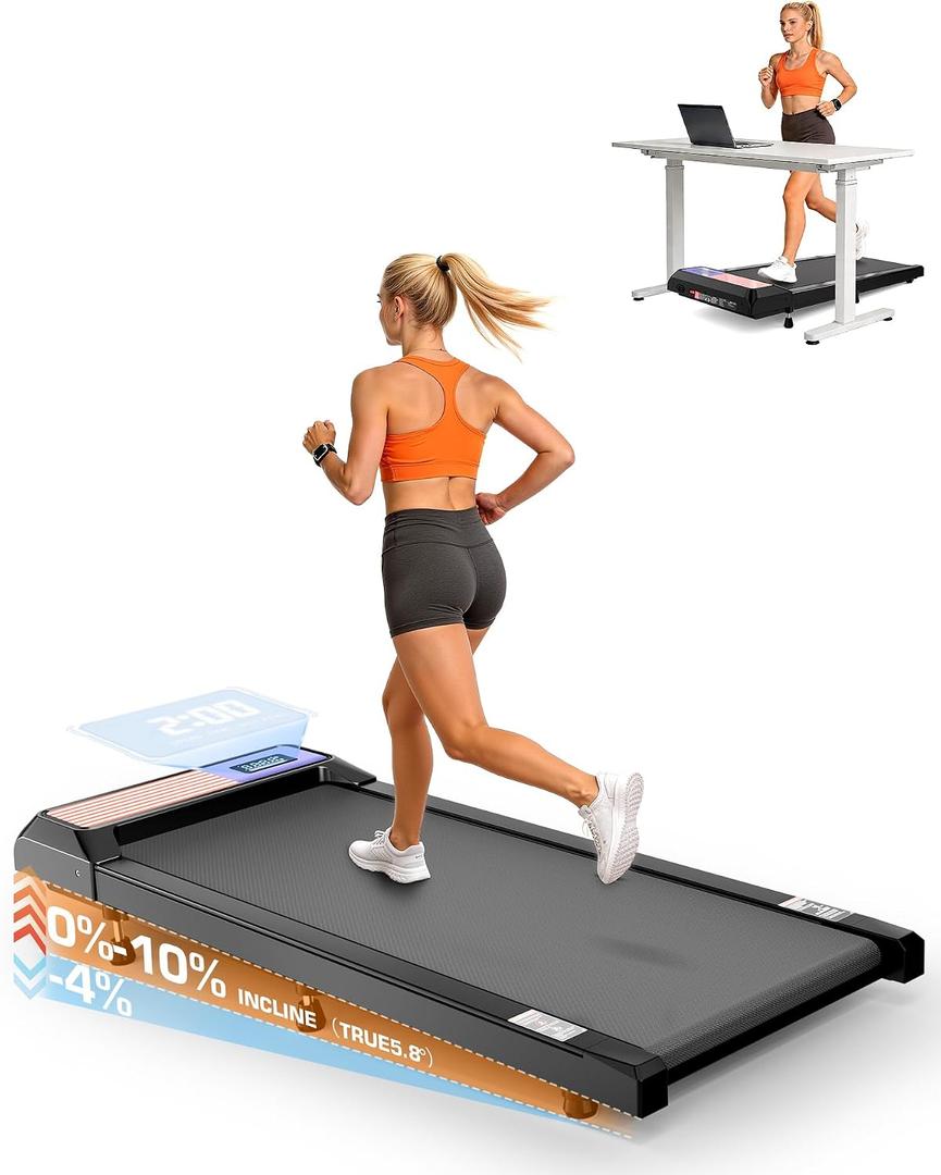 Walking Pad with Incline 10% & Decline -4%, Under Desk Treadmill for Office, Portable Treadmills, Compact Treadmill for Small Space, 265lbs Capacity, Remote Control, Led Display