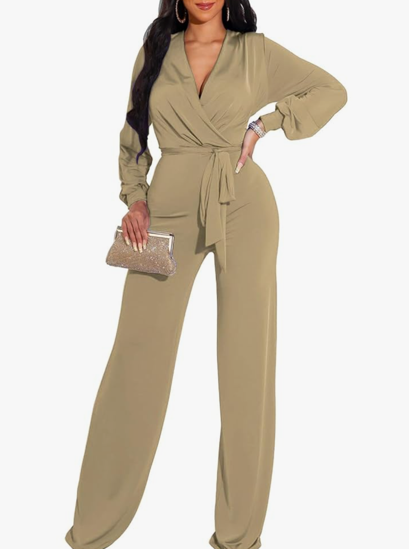 Formal Jumpsuits for Women Dressy Evening Sexy Deep V Neck Plus Size Long Wide Leg Pants Rompers Clubwear, Size M