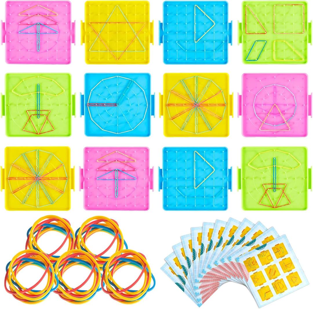 Deekin 24 Pcs Double Sided Geoboard Mathematical Kids Geoboards with Rubber Bands Math Manipulatives Toy for Geometry, 6.9 x 6.3 Inches Classroom Back to School