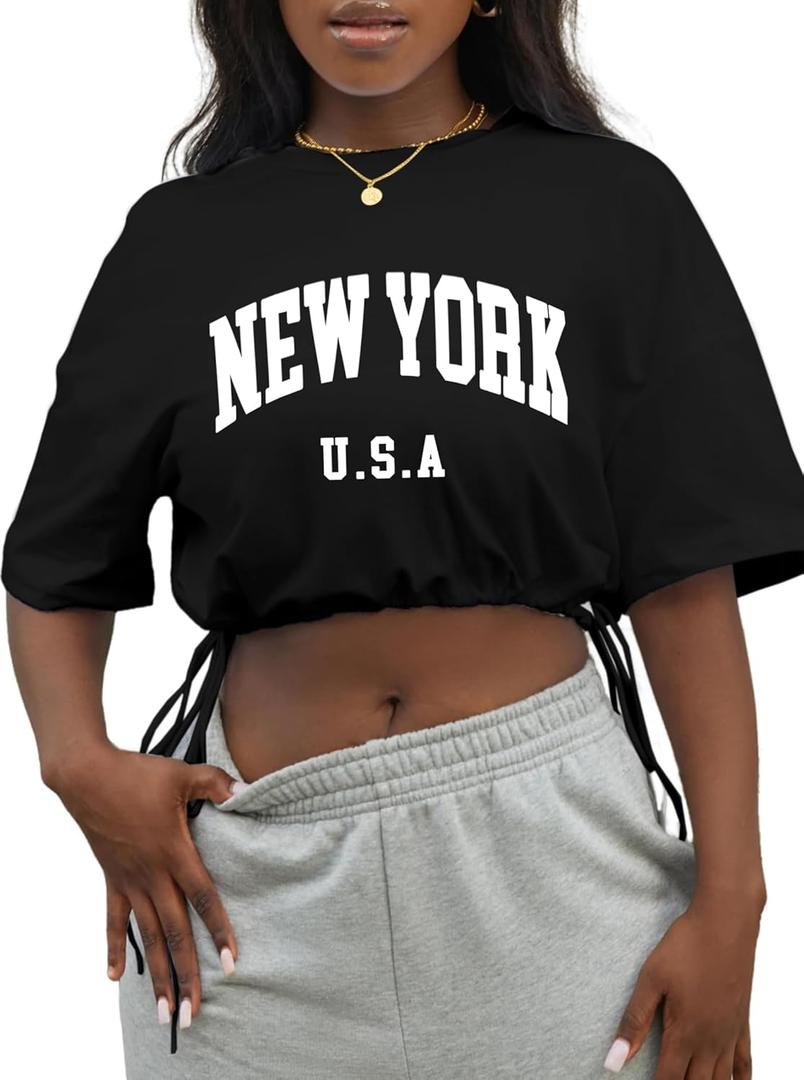 Hilinker Women's Drawstring Short Sleeve Crop Tops Summer Casual Loose Fit Crew Neck T Shirts Black New York X-Large
