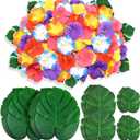 120Pcs Luau Party Decorations Fake Plants Palm Leaves Monstera Hibiscus Flowers Simulation Artificial Leaf for Hawaiian Luau Safari Parties Jungle Beach Wedding Birthday Theme Party Table Decorations