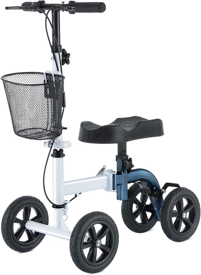 Knee Scooter,All-Terrain Foldable Knee Scooter Walker Economical Knee Scooters for Foot Injuries Best Crutches Alternative (White+Blue)