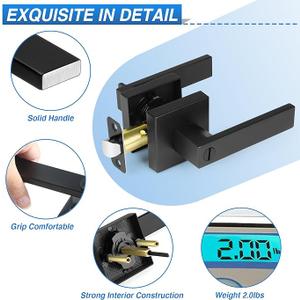 6 Pack Matte Black Door Handles, Keyless Interior Door Knobs, Privacy Door Lever Locksets for Bedroom Bathroom, Heavy Duty Square Door Lock (2.0lb), Reversible for Left&Right Handled Doors