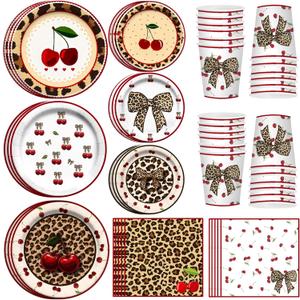 120PCS Cheetah Print Birthday Decorations Plates, Leopard Print Party Paper Plates Napkins and Cups, Leopard Cherry Theme Disposable Dinner Plate Tableware, Animal Print Plates Party Supplies Serve 30