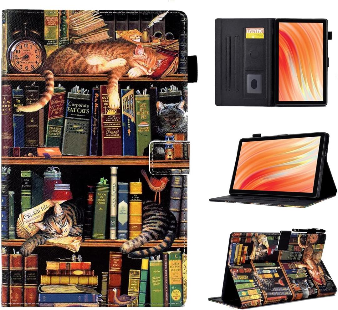 Cute Case for All-New Amazon Kindle Fire HD 10 & 10 Plus Tablet (13th/11th Generation, 2023/2021 Release) 10.1",Vegan Leather Slim Folding Stand Cover with Pocket Auto Wake/Sleep,Bookshelf Cat