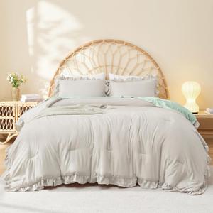 Litanika Linen Grey Queen Comforter Set, 3 Pieces Ruffle Farmhouse Aesthetic Bedding Comforter Set, All Season Soft Lightweight Fluffy Microfiber Bed Set(90x90In Comforter, 2 Pillowcases)