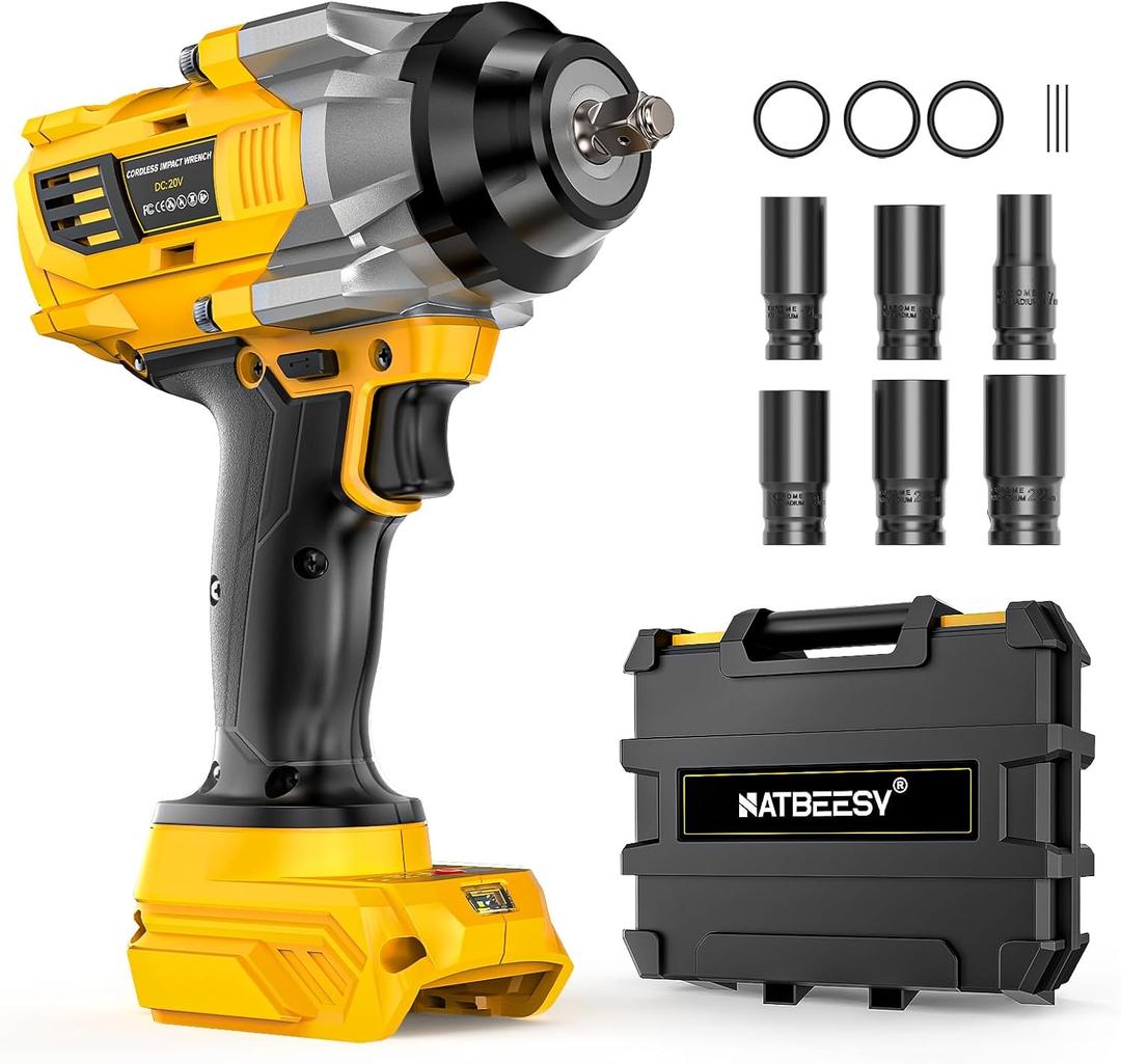 Impact Wrench Compatible with DeWalt 20V Battery: 1/2 Inch Hog Ring Impact Driver High Torque - 1360N.m/1000Ft-lbs Cordless Impact Gun - Brushless Motor with 6 Sockets & Carry Case