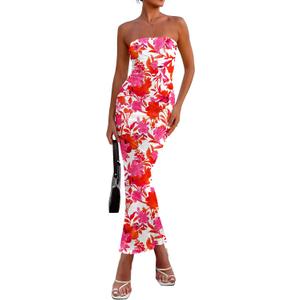 PRETTYGARDEN Women's 2026 Summer Floral Bodycon Maxi Dresses Ribbed Strapless Tube Casual Boho Party Long Dress (Pink, S)