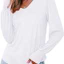 Dokotoo Women's Casual Long Sleeve Shirts Shirred Shoulders Solid Color Knit Tops Blouses (White)