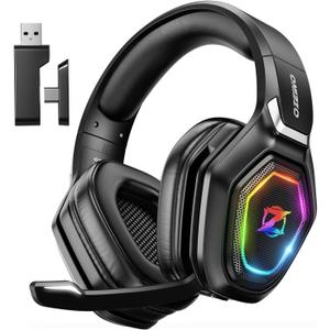 Ozeino Wireless Gaming Headset with Flip Microphone, RGB Lighting Gaming Headphones for PS5, PS4, PC - 2.4GHz USB & Type C Transmitter