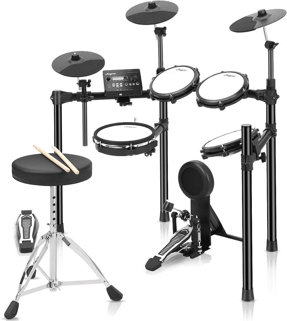 Electric Drum Set with 5 Quiet Mesh Pads, 390 Authentic Sounds, 30 Drum Kits, 2 Pedals, USB MIDI, Recordings, Drum Throne, Drum Sticks, Headphones