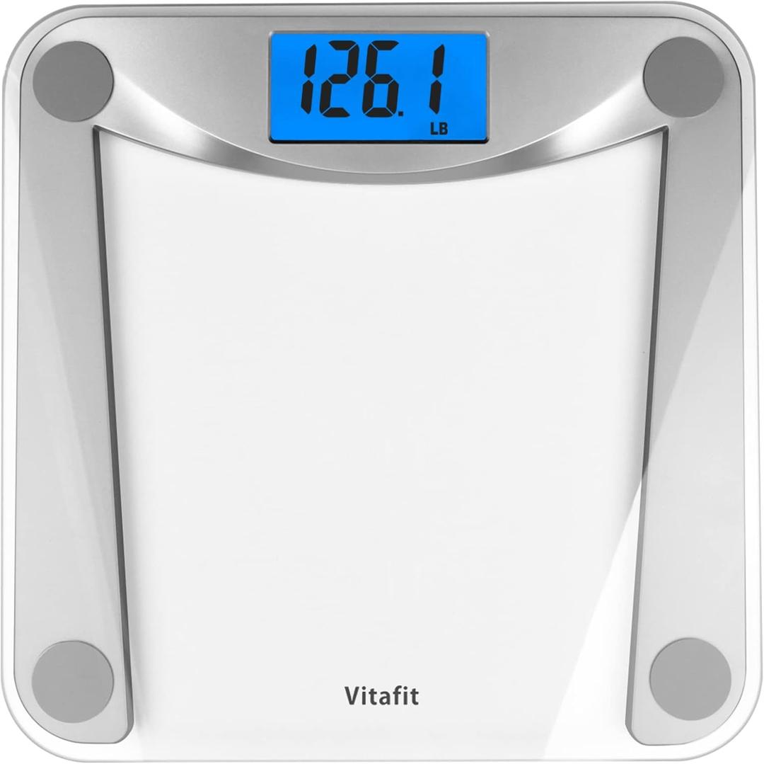 Vitafit Digital Bathroom Weight Scale for Body Weight, High Accuracy Assured by Weighing Professional Since 2001, Extra Large Blue Backlit LCD and Step-On, 400lb/182kg, Clear Glass