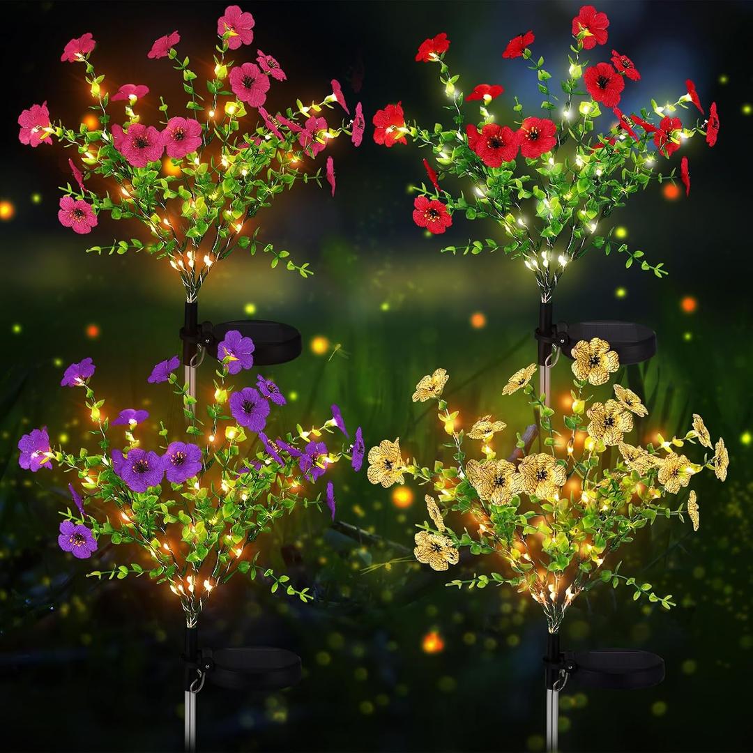 Glooglitter 4 Pack Multicolor Solar Stake Lights Outdoor Decor Waterproof Mums Artificial Flowers Solar Lights for Outdoor Garden Yard Pathway Decor (Violet)