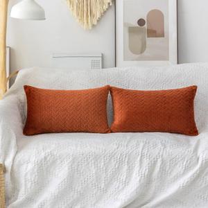UGASA 12x20 Inch Soft Velvet Flannel Stripe Decorative Throw Pillow Covers Set Cushion Case for Sofa/Bedroom/Car, Set of 2, Ru