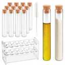 12pcs 60ml Glass Test Tube with Cork Stopper, 25x180mm Storage Tube with Cap, 12 Holes Acrylic Rack, Plant Propagation Vase, Tube Set for Scientific Experiments Lab Candy Liquid Party Decor