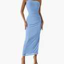 PRETTYGARDEN Women's Summer Wedding Guest Dress Strapless Tube Top Maxi Bodycon Long Floral Mesh Beach Vacation Party Dresses blue  S