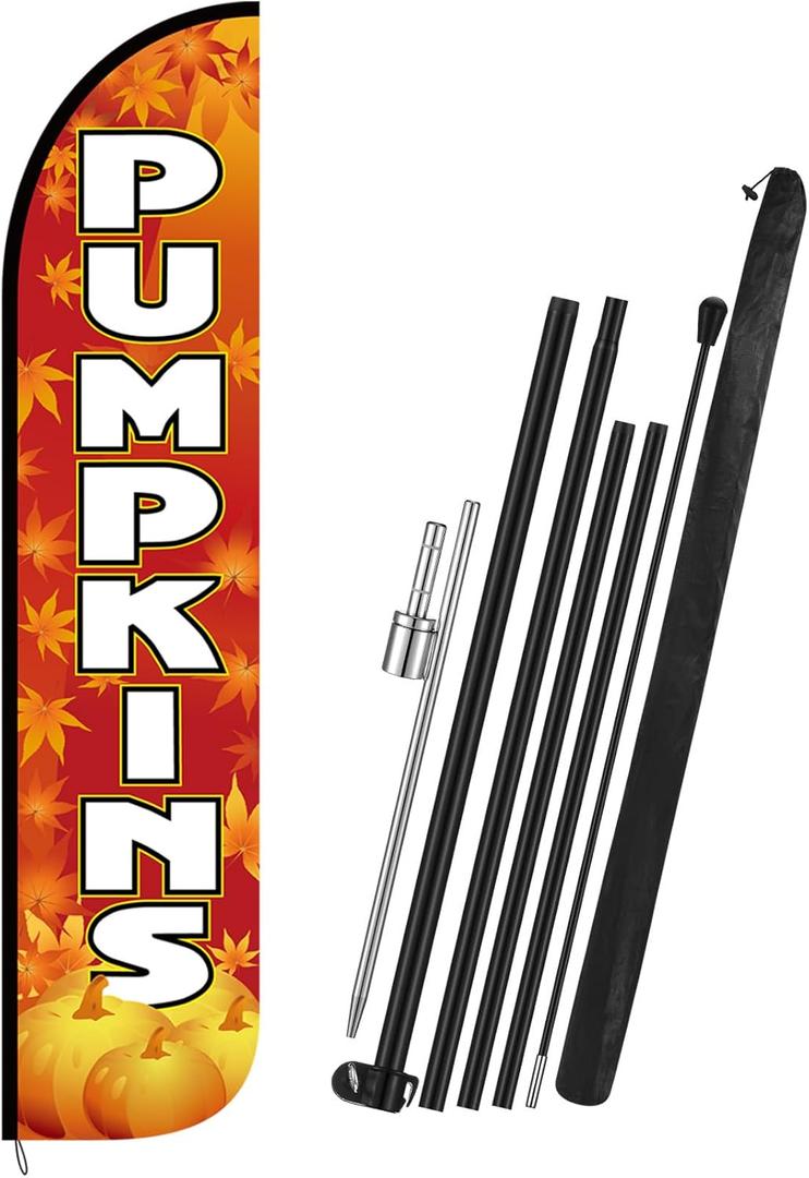 15 ft Pumpkin Feather Banner Flag Kit Include Flag, Pole and Ground Mt Outdoor Fall Feather Banner for Pumpkins Business Farms Decorations Thanksgiving Day Outdoor Market(Classic)