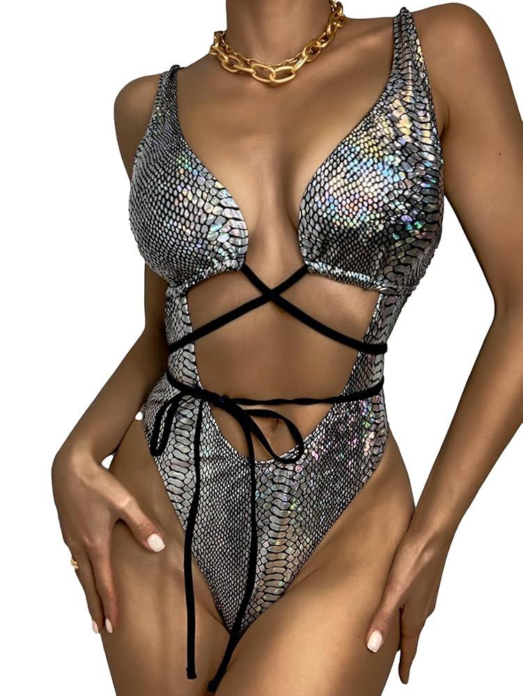 Women's Metallic Snakeskin One Piece Swimsuits Rave Outfit Bathing Suits S