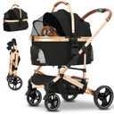 Pet Stroller 3 in 1 Folding Lightweight Dog Stroller with Detachable Carrier & Storage Basket, Premium 4 Wheels Travel for Puppies, Doggies, Kitties (Black)