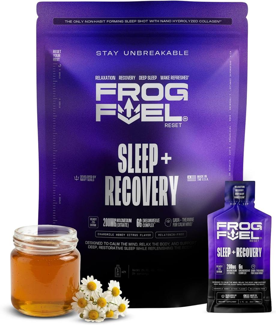 Frog Fuel Reset Liquid Sleep Supplement Shot, Chamomile Honey, 24 pk | Melatonin Free Sleep Support Shot, Liquid Collagen Protein, Magnesium Citrate for Nighttime Recovery, 1 oz Packets