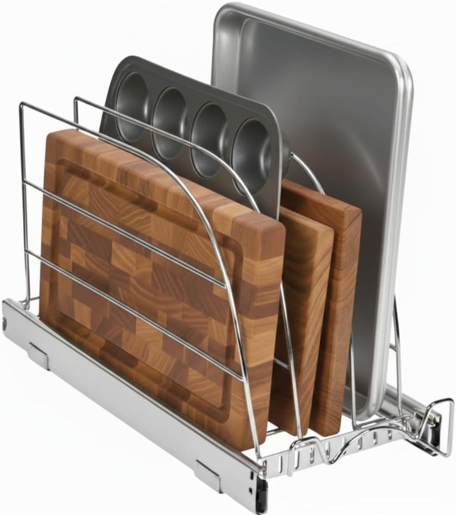 HOLDN STORAGE Pull Out Organizer for Bakeware, Cutting Board and Trays, Adjustable Dividers - Heavy Duty - For Narrow Cabinet Spaces, 8.5W x 21D x 11H, Chrome