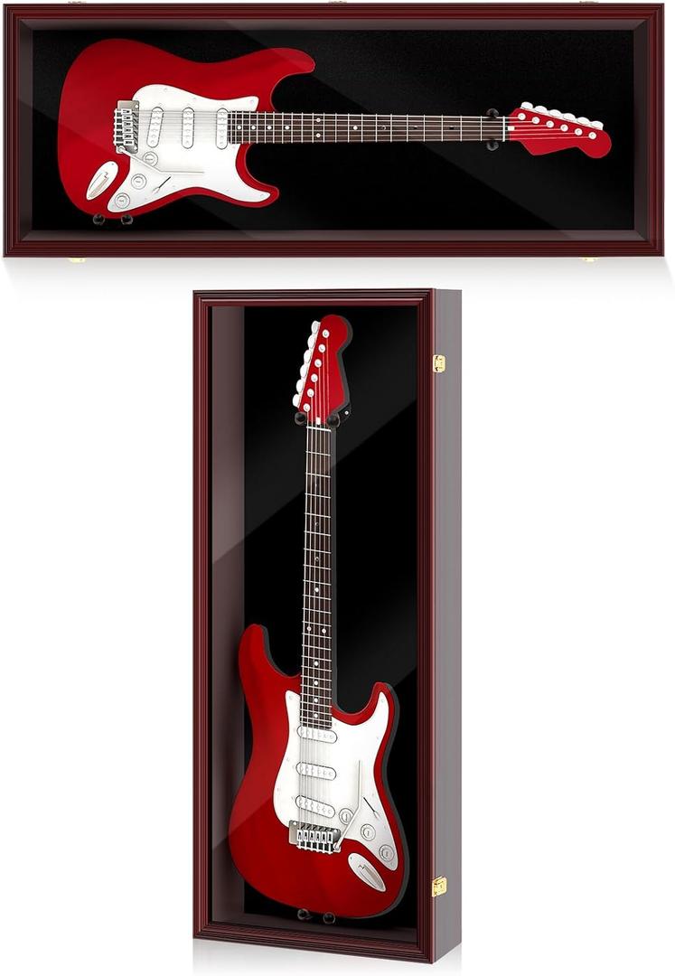 Electric/Acoustic Guitar Display Case Wall Mount Guitar Case Cabinet Shadow Box with Hanger Stand and Lock 98% UV Protection Acrylic Clear Door for Musician Collection(Red Brown,44'')