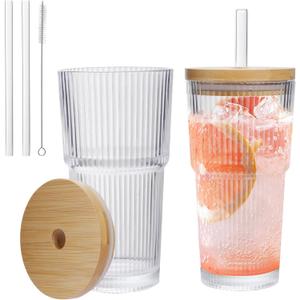 20oz Ribbed Glass Tumbler Set with Bamboo Lids and Straws, 2PCS Vintage Iced Coffee Cups for Beverages, Juice, Beer, Whiskey  Thick Glass with Cleaning Brush (2 Pack Clear)
