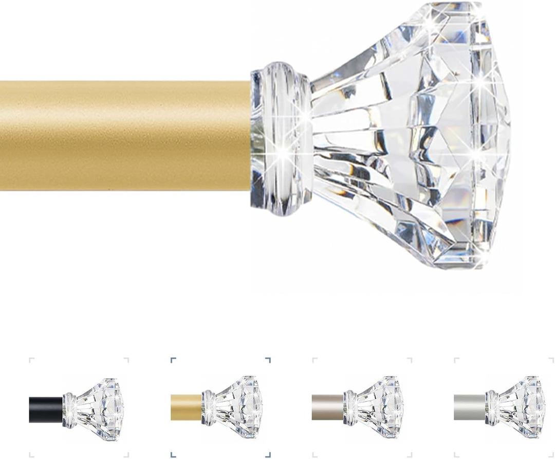 TVWOO Gold Decorative Crystal Curtain Rods 18 to 45 Inch:Heavy Duty Adjustable Window Curtains Rods for Living Room Bedroom,Brass Gold Modern Girly Acrylic Drapery Rod with Clear Bling Diamond Finial