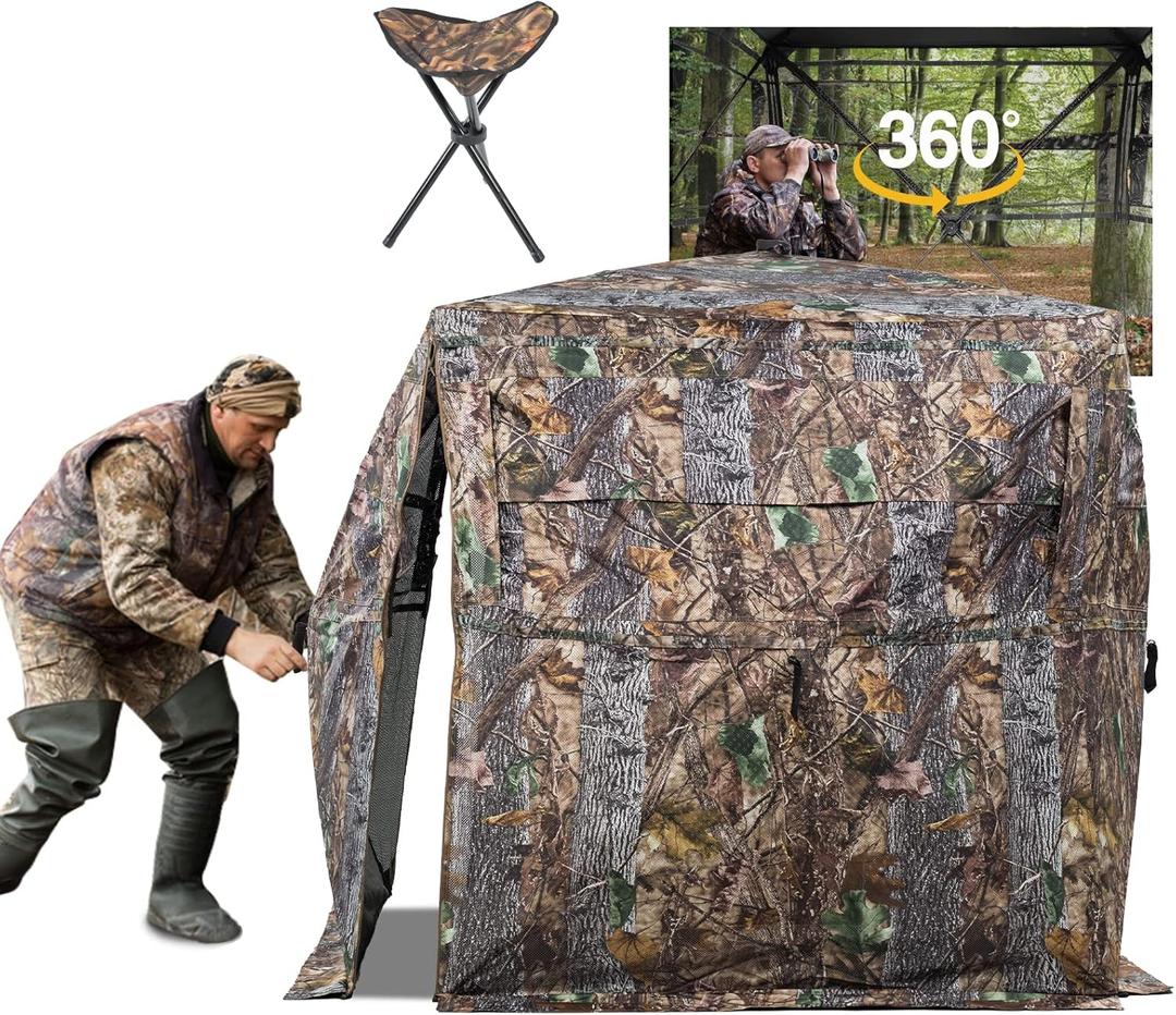 Hunting Blind 270/360 Degree See Through Ground Blind with Carrying Bag, 2/3 Person Pop Up Camouflage Tent Portable Concealed Shelter