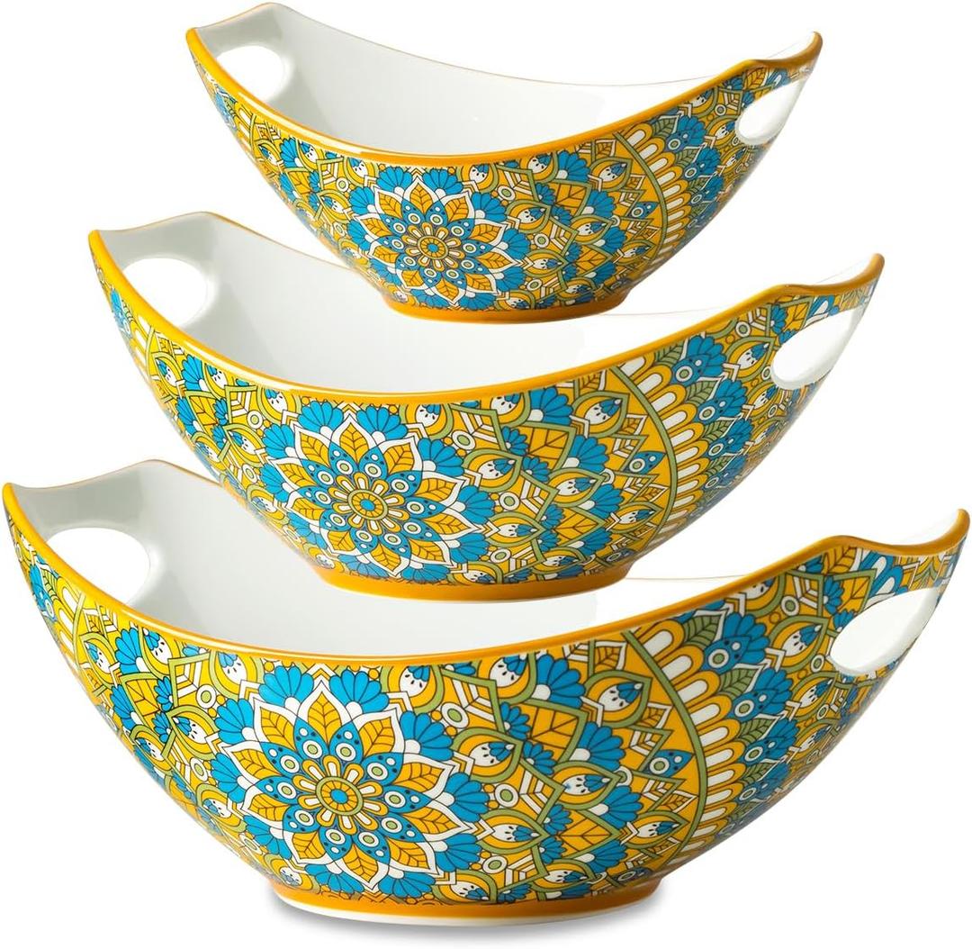 LAUCHUH Serving Dishes for Entertaining, Porcelain Serving Bowls with Handles Bohemian Salad Bowls Set Nesting Bowls for Mother's Day Party, Set of 3, 15/28/49 oz, Blue and Yellow