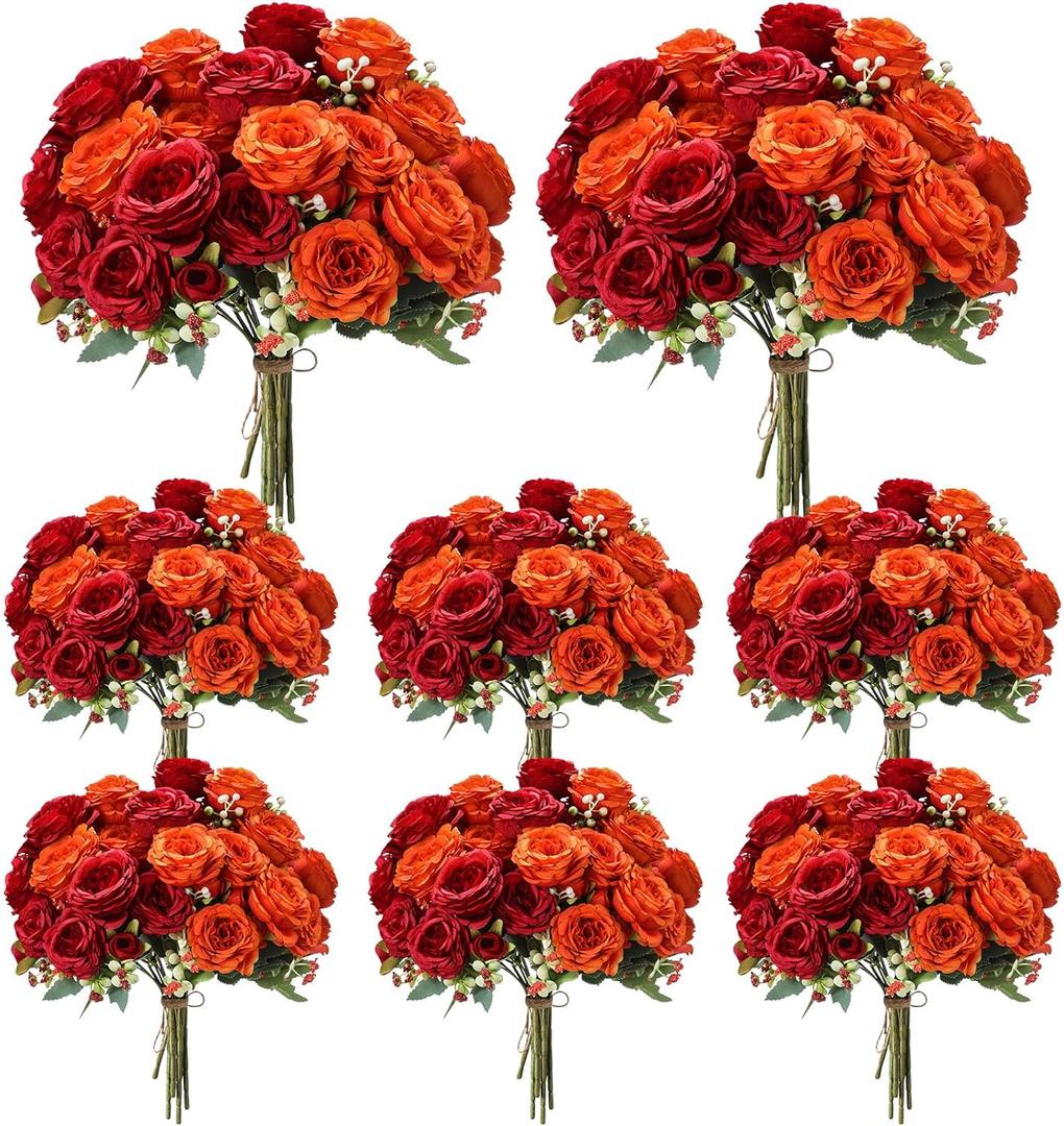Geosar 8 Bundles Artificial Peonies Flowers Fake Silk Peony Bouquet Faux Peonies Flowers Bulk for Decoration Vase Floral Arrangements Wedding Party Table (Orange,Deep Red)