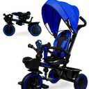 KRIDDO 7-in-1 Tricycle Stroller for Toddlers 18 Months to 5 Years, Adjustable Push Handle, Rotatable Seat, Cup Holder and Retractable Canopy, Folding Baby Trike w/Detachable Guardrail, Footrest, BU (Blue)