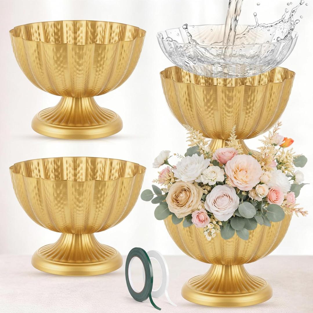 4 Pcs Large 9 Inch Compote Vase for Centerpiece Flower Holder Metal Compote Bowl Indoor Outdoor Flowers Fruits Plant for Wedding Party Decoration Christmas Home (Bright Gold)