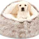 Calming Dog Beds & Cat Cave Bed with Hooded Cover, Removable Washable Round Beds for Small Medium Pets, Anti-Slip Faux Fur Fluffy Coved Bed for Improved Sleep, Fits up to 15/25 lbs(Medium,24"x24") (Coffee)