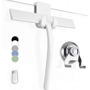 GTEWERK Silicone Shower Squeegee for Glass Doors & Mirrors with Stainless Steel Core, Streak-Free & No-Squeak Window Cleaning, 3-in-1 No-Drill Mount (Hook/Suction/Adhesive),White, 15 Inches