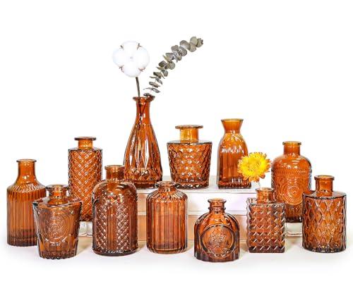 SUPMIND 11Pcs Glass Bud Vase Set, Small Dark Brown Flower Vase for Centerpieces, Bud Vases in Bulk, Mini Vintage Vase for Rustic Wedding Decorations（Amber）