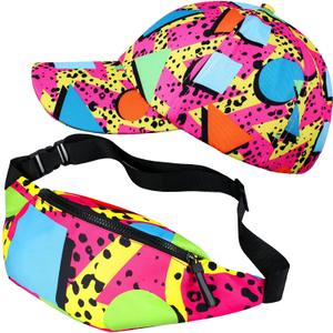 Sotiff 2 Pcs Retro 80s 90s Outfits for Women Men 80s Fanny Pack and Hat 90s Costumes Adjustable Waist Bag Bucket Hats for Themed Party(Bright Style)