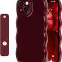 NITITOP Compatible with iPhone 13 Case Cute Simple Wave Design Stylish Wavy Curly Frame with Wrist Adjustable Hand Strap Kickstand Grip Holder Soft Silicone Protective Cover - Wine Red