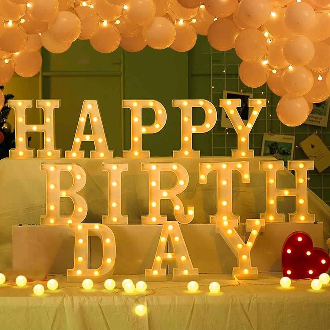 138pcs Happy Birthday Marquee Light Up Letters- LED Letter Number Light Sign with Round Light Balloons Decoration for Birthday Home Table Decor, White