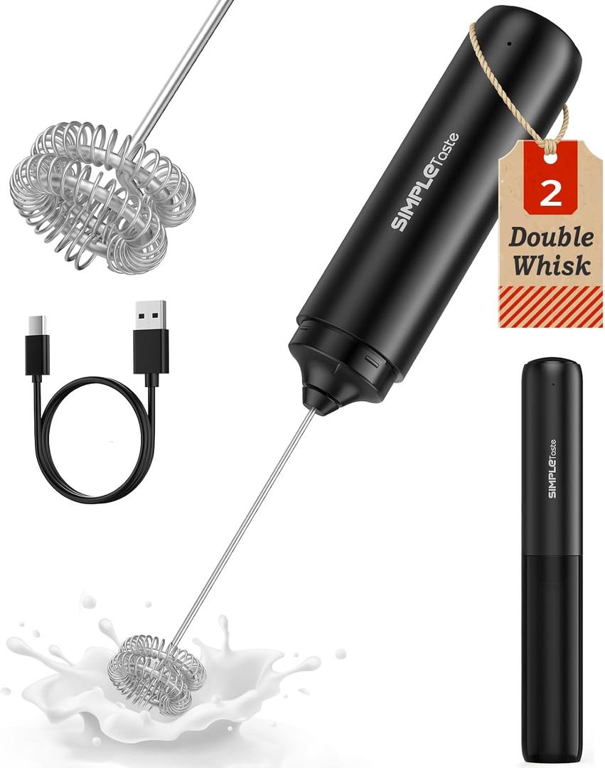 SIMPLETASTE Milk Frother Handheld Electric Foam Maker, Drink Mixer with Stainless Steel Whisk for Cappuccino, Bulletproof Coffee, Latte, Black, without Stand, USB-C Rechargeable, Glossy Black