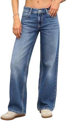 ELLEVEN Women's Low-Rise Baggy Jeans, High Stretchy Y2K Wide Leg Jeans Boyfriend Straight Leg Denim Pants Size 6