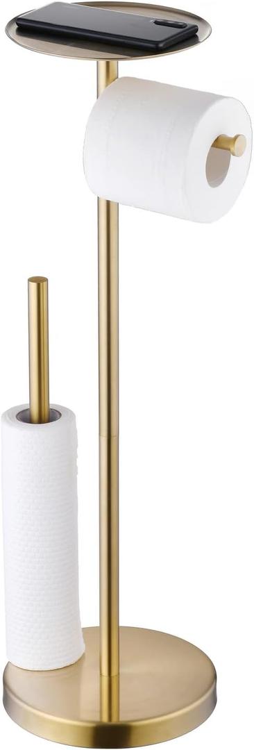 Free Standing Toilet Paper Roll Holder with Storage Reserve, Brushed Gold Toilet Paper Holder Stand with Shelf, Bathroom Tissue Dispenser Floor Stand, SUS304 Stainless Steel, SHUNLI