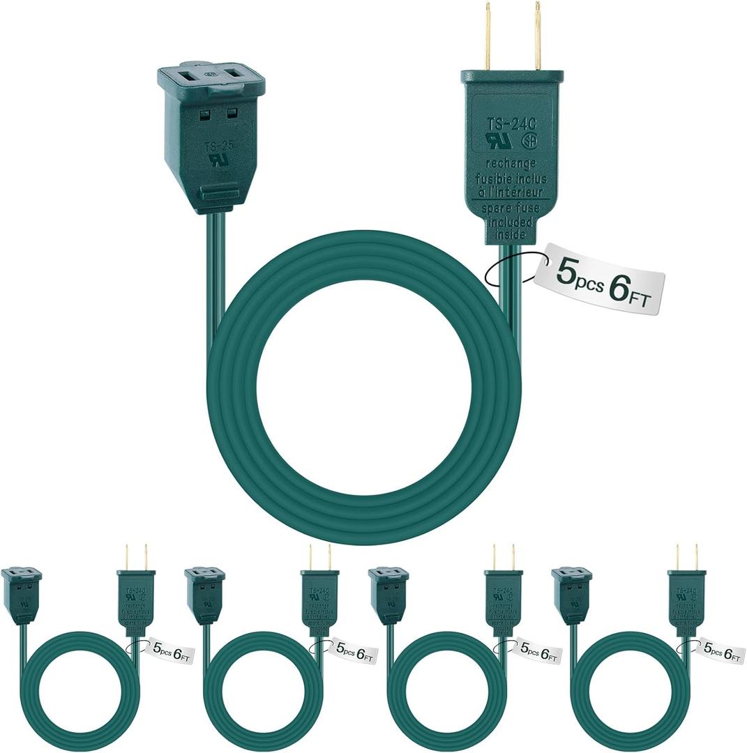 Green 5 Pcs Christmas Extension Cord 6 ft Two Prong Extension Electric Cord with Fuse for Christmas Decor Lights Connection, Ac 125 Volts, Complies with UL for Xmas Party Decor
