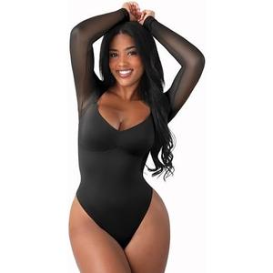 FeelinGirl Long Sleeve Bodysuit for Women Sexy Mesh V Neck Body Suits Thong Corset Top Going Out Outfits for Party, XXL