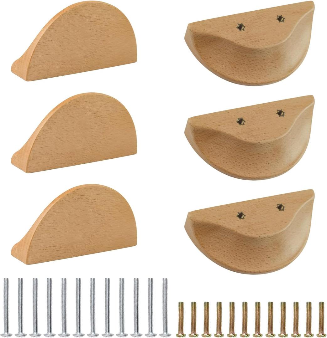 MOROBOR 100mm Half Moon Drawer Handles, 6PCS Wooden Semi Circle Pulls Beech Wood Wardrobe Hardware Double Hole Handle for Drawer Cabinet Wardrobe (101mm)
