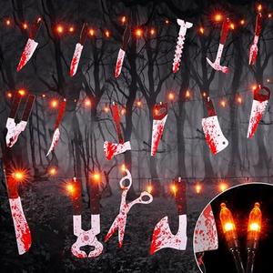 BlcTec Scary Halloween Decorations Props, 12 FT Halloween String Lights with 16 Fake Bloody Knives & 50 LED Orange Big Bulbs, 8 Modes Battery Operated Bloody Party Supplies for House Décor, Set of 4